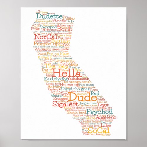 California USA Slang Word Art Map Poster
