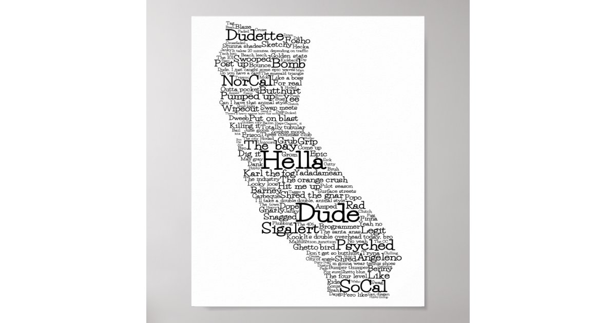 California USA Slang Word Art Map Poster Zazzle