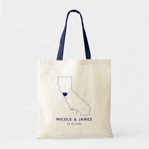 California Wedding Welcome Bag Tote Navy Blue Map