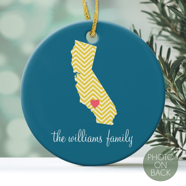 California with Custom Heart and Family Name Ceramic Ornament (Personalized Photo Ornament)