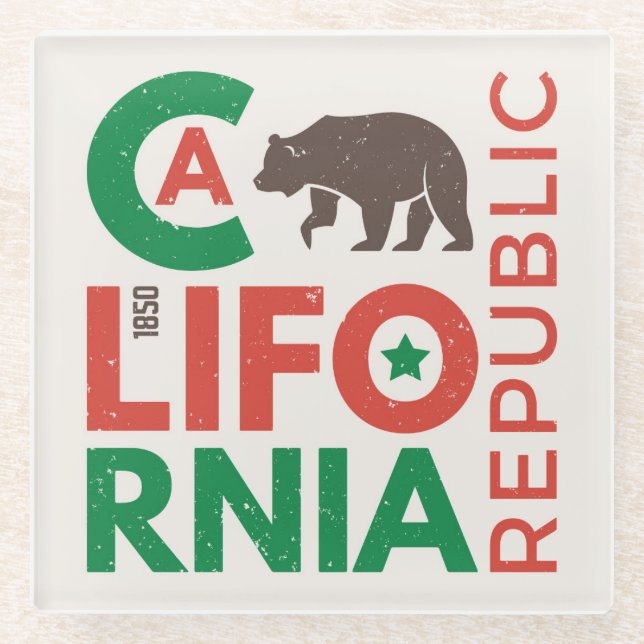 California With Grizzly Bear Logo Glass Coaster (Front)