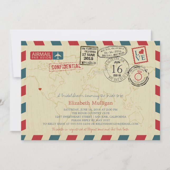 California World Traveler Airmail Bridal Shower Invitation (Front)