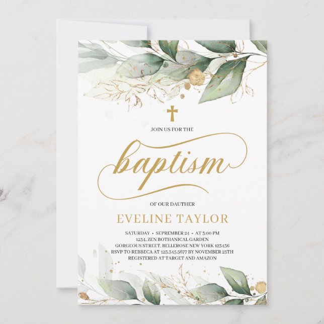 Caligraphy greenery eucalyptus gold leaves baptism invitation (Front)