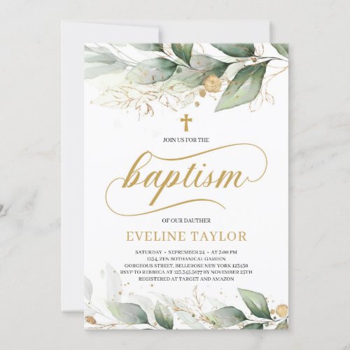Caligraphy greenery eucalyptus gold leaves baptism invitation
