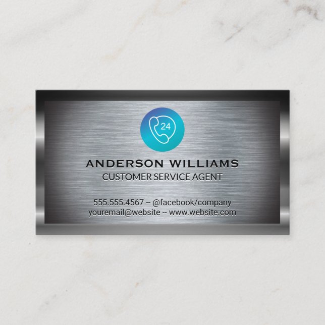Call Center Customer Support | Metallic Background Business Card (Front)