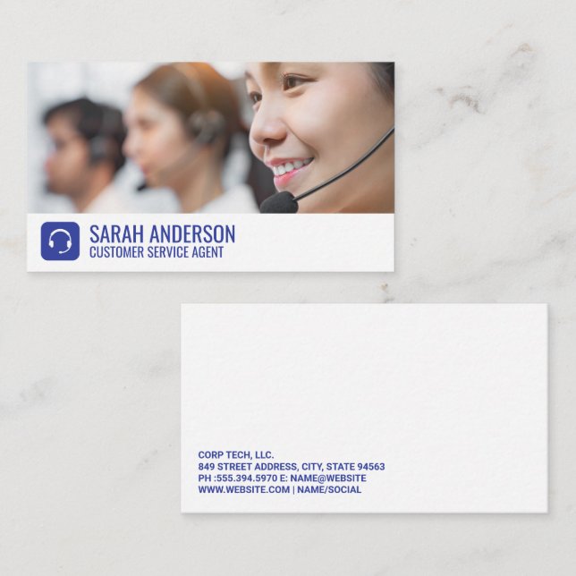 Call Center Worker Smiling | Head Set Logo Business Card (Front/Back)
