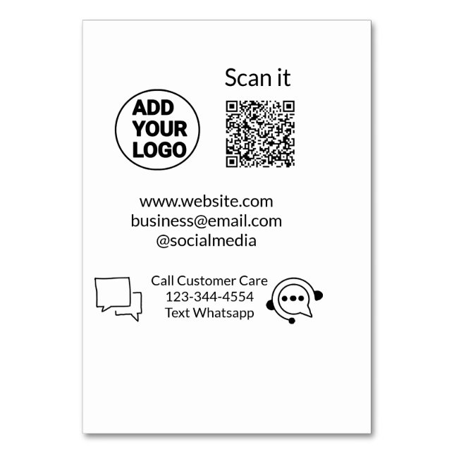 Call customer care text whatsapp Q R code business Table Number (Front)