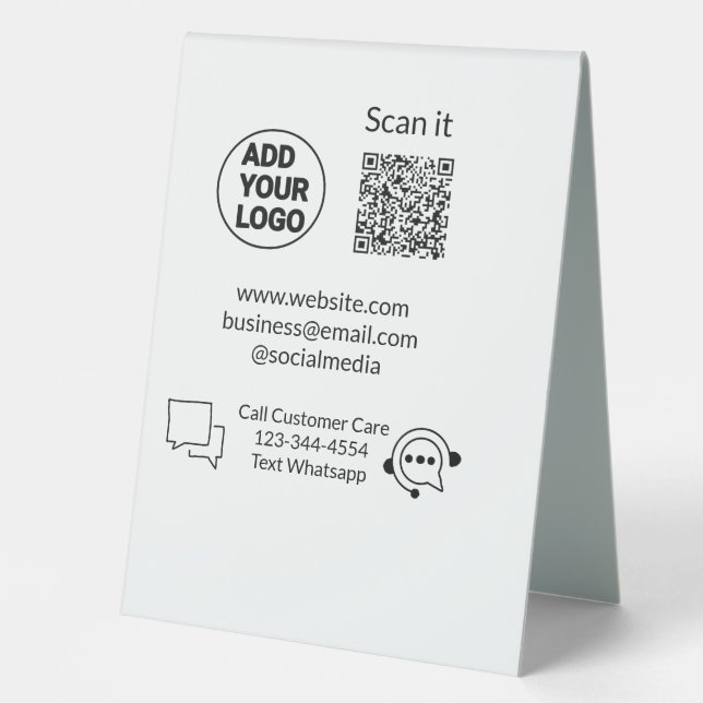 Call customer care text whatsapp Q R code business Table Tent (Front)