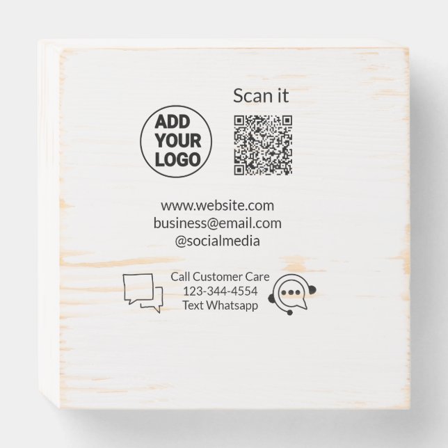 Call customer care text whatsapp Q R code business Wooden Box Sign (Front Horizontal)