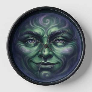 Call Green elemental moon face Gothic fantasy wall Clock