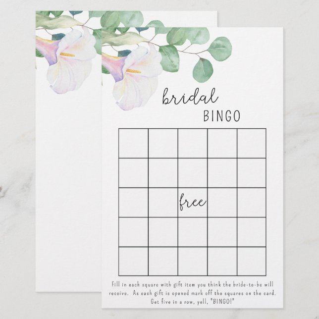 Calla and eucalyptus - bridal shower bingo game (Front/Back)