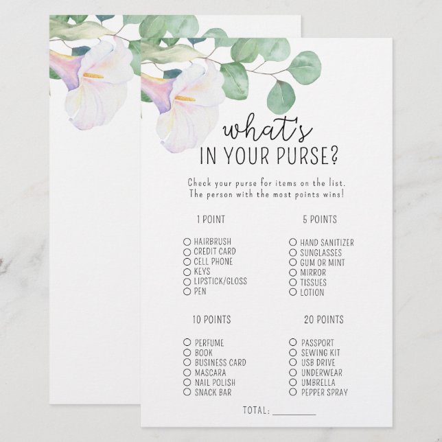 Calla and eucalyptus - What's in your purse game (Front/Back)