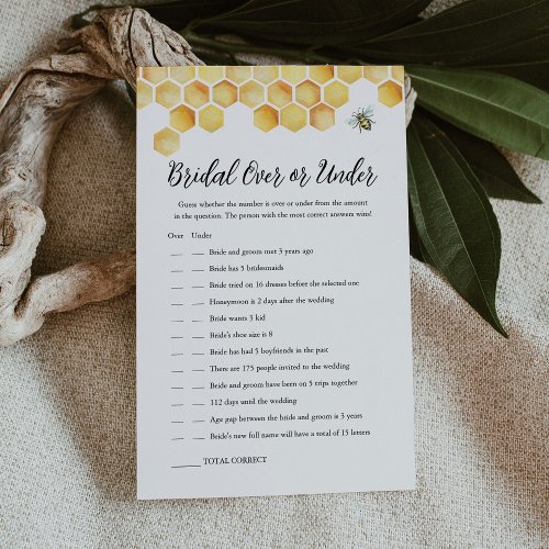 CALLA Bee Over Or Under Bridal Shower Game Card