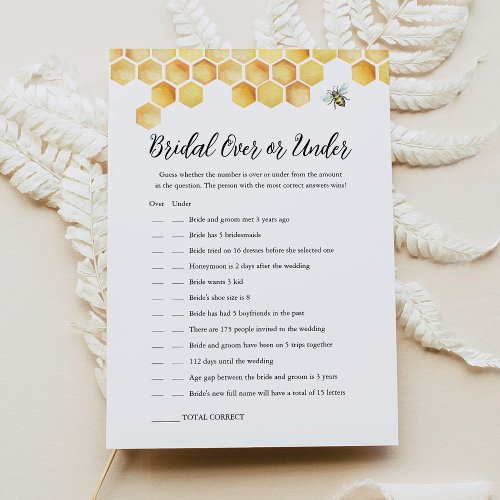 CALLA Bee Over Or Under Bridal Shower Game Card