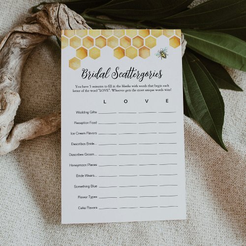 CALLA Bee Scattergories Bridal Shower Game Card