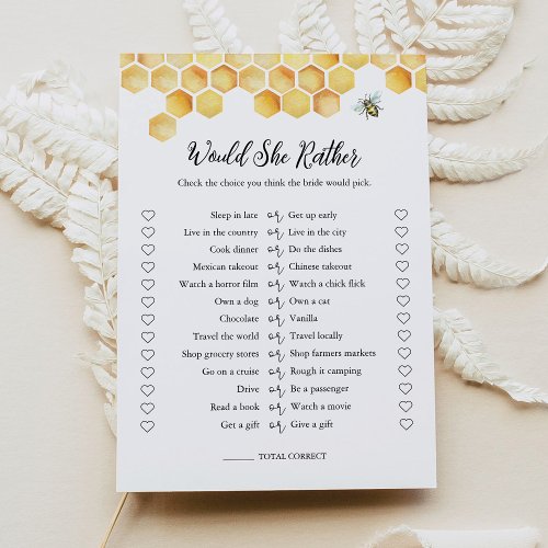 CALLA Bee Would She Rather Bridal Shower Game Card