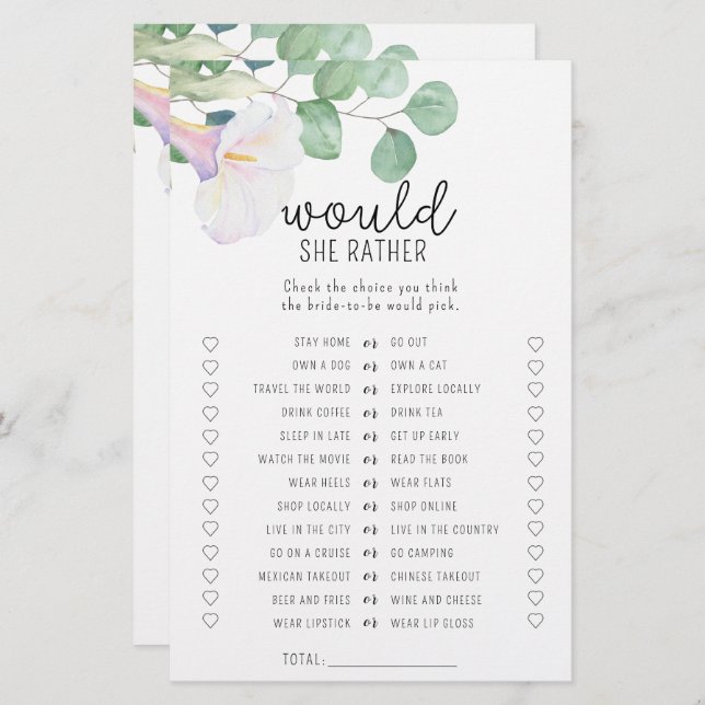 Calla flower - Would she rather bridal shower game (Front/Back)