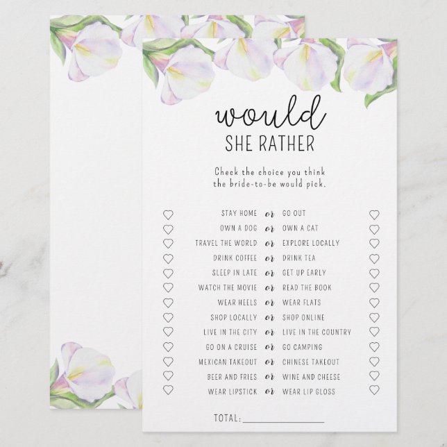 Calla flower - Would she rather bridal shower game (Front/Back)