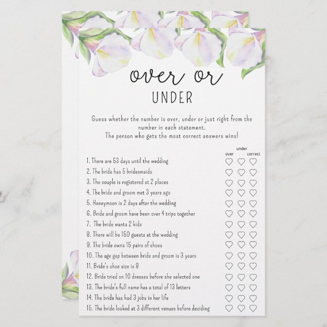 Calla flowers - Over or Under bridal shower game (Front/Back)