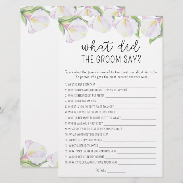Calla flowers - What did the groom say bridal game (Front/Back)