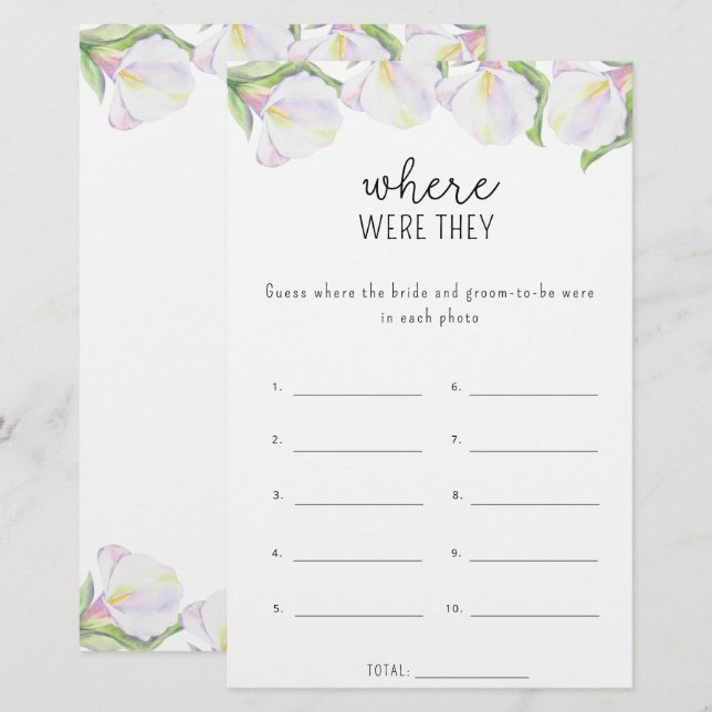 Calla flowers - Where were they bridal shower game (Front/Back)