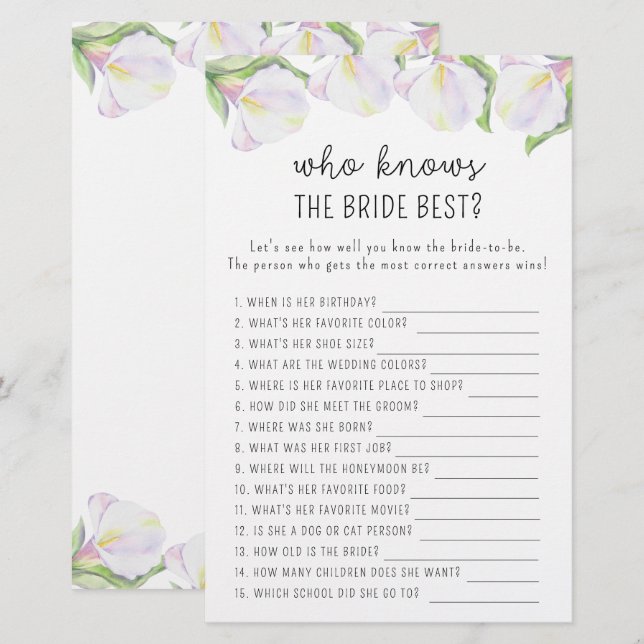 Calla flowers - Who knows the bride best game (Front/Back)