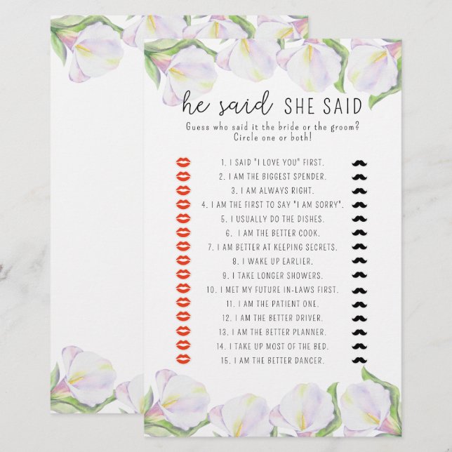 Calla - He said she said bridal shower game (Front/Back)