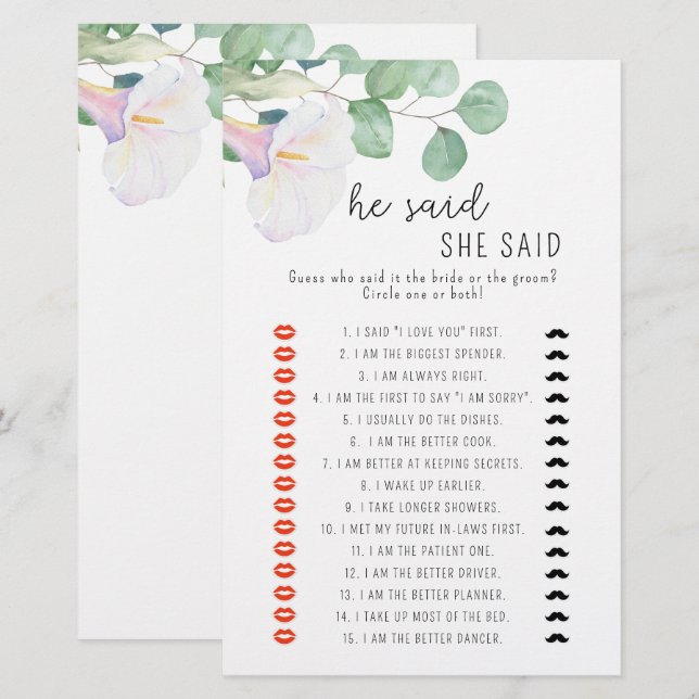 Calla - He said she said bridal shower game (Front/Back)