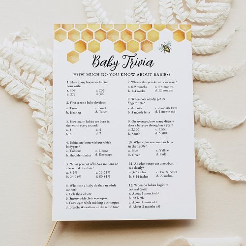 CALLA Honey Bee Baby Trivia Baby Shower Game Card