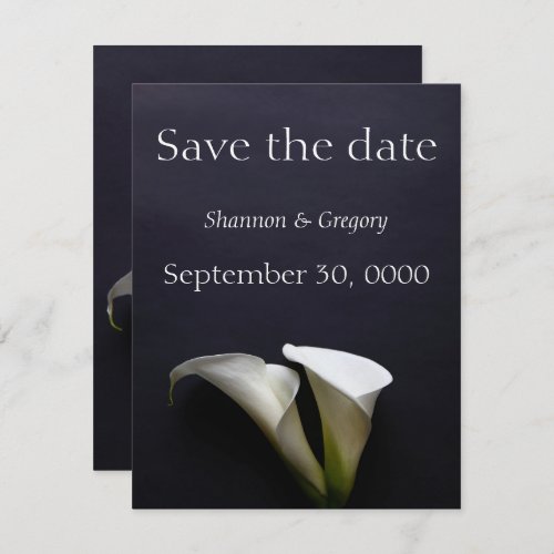 Calla lilies on a dark background save the date