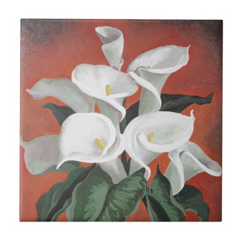 Calla Lilies On A Red Background Ceramic Tile