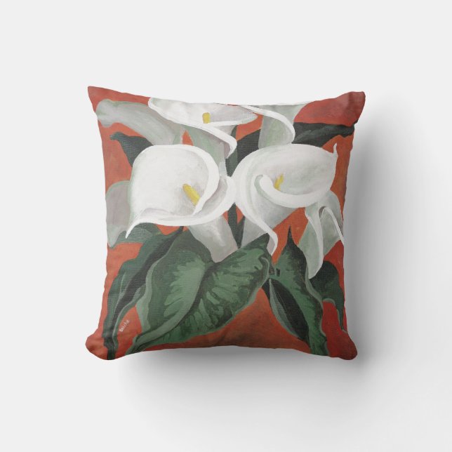Calla Lilies On A Red Background Throw Pillow (Front)