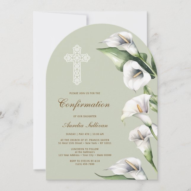 Calla Lilies on Sage Green Arch Confirmation Invitation (Front)