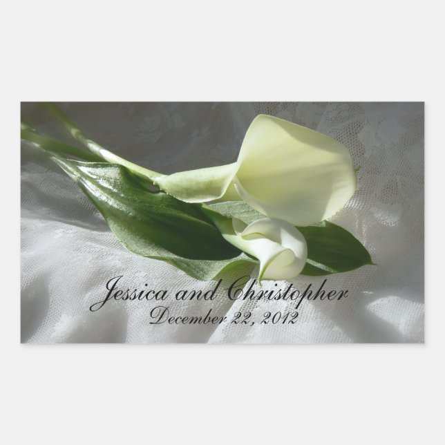 Calla Lilies on White Lace Wedding Rectangular Sticker (Front)
