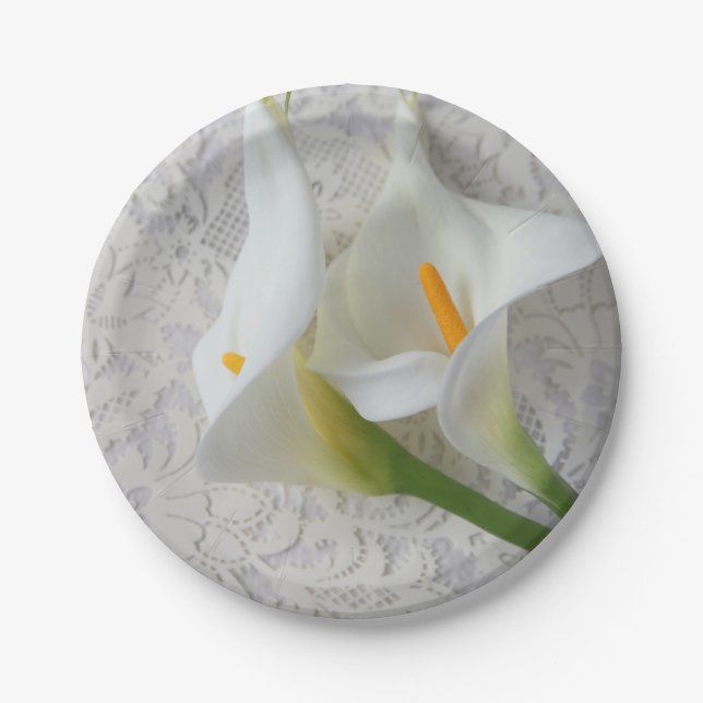 Calla lilies on white textures paper plates (Front)