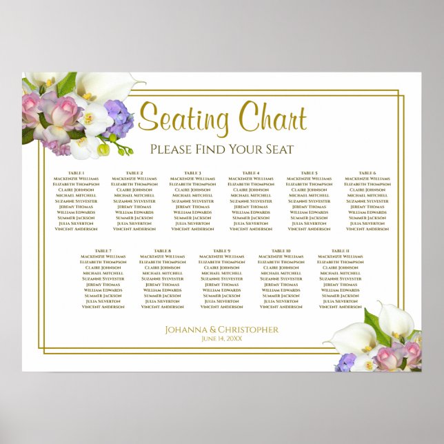 Calla Lilies Roses 11 Table Wedding Seating Chart (Front)