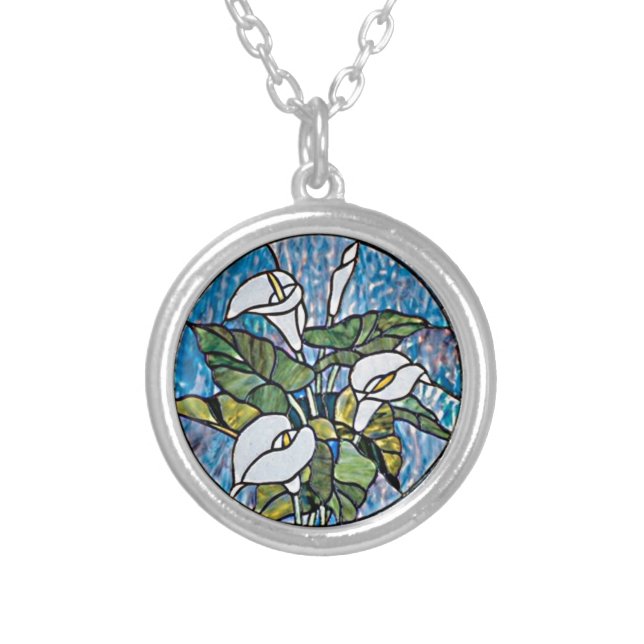 Calla Lilies Stain Glass Look Silver Plated Necklace (Front)