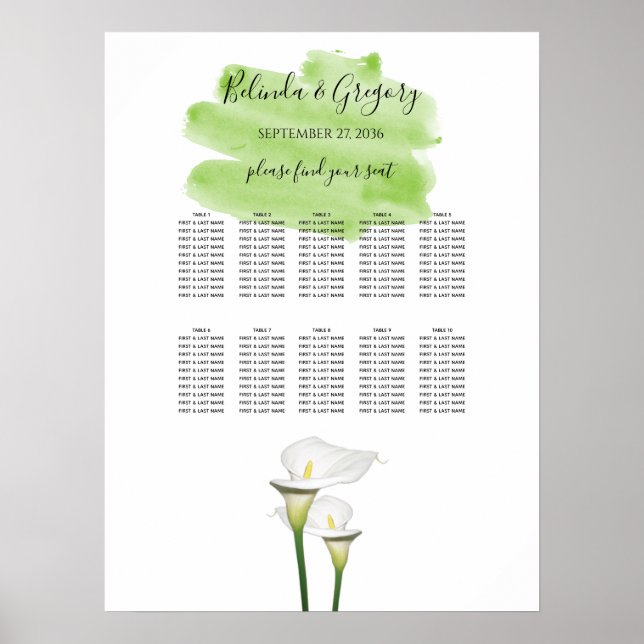 Calla Lilies Watercolor Wedding Seating Chart (Front)