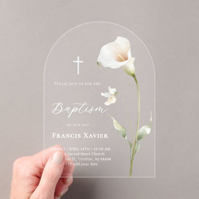 Calla lily Baptism Acrylic Invitations (Insitu (Handheld))