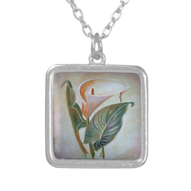 Calla Lily Beautiful Botanical Art Silver Plated Necklace (Front)