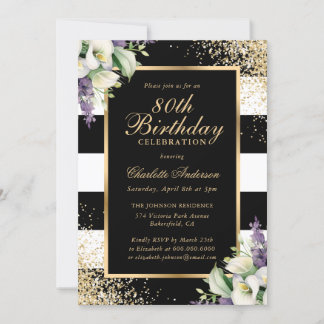 Calla Lily Black Gold Confetti 80th Birthday Invitation