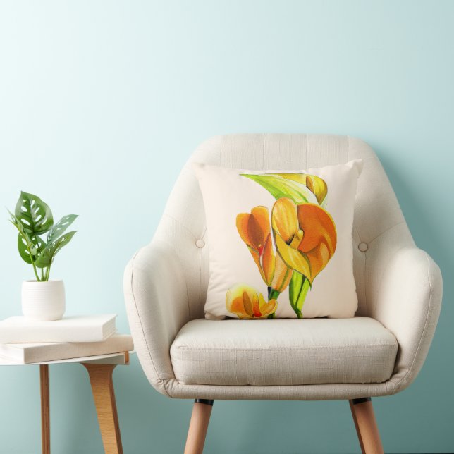 Calla lily blossom watercolor floral throw pillow (Chair)