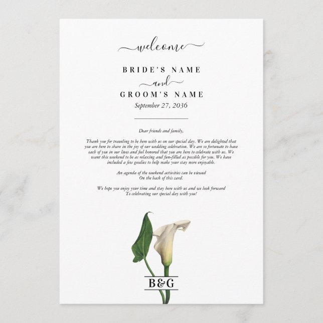 Calla Lily Botanical Wedding Itinerary Program (Front)