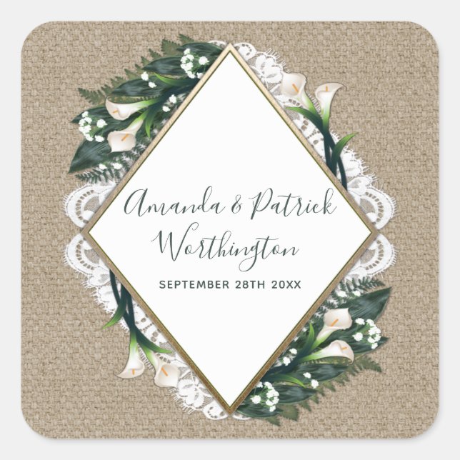 Calla Lily Burlap and Lace Wedding Favor Stickers (Front)