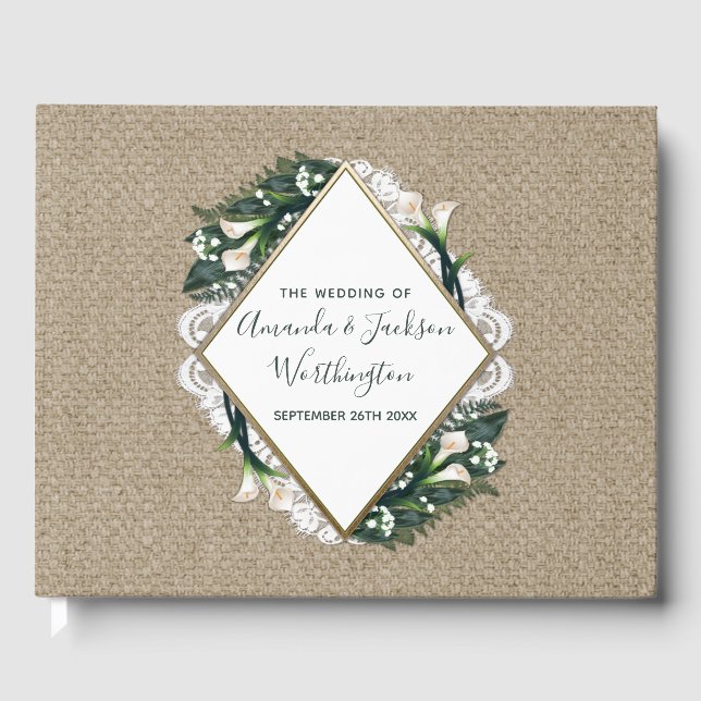 Calla Lily Burlap and Lace Wedding Guest Book (Front)