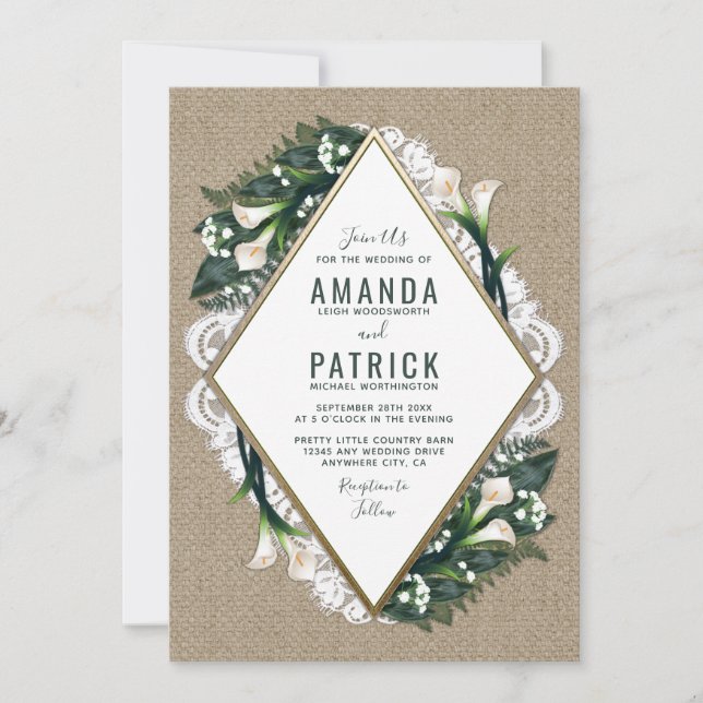 Calla Lily Burlap and Lace Wedding Invitations (Front)