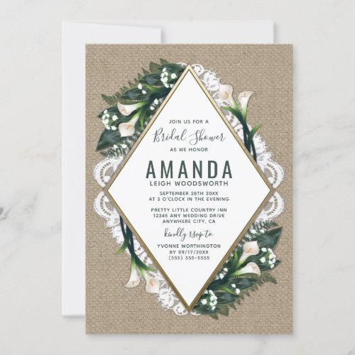 Calla Lily Burlap Lace Bridal Shower Invitations