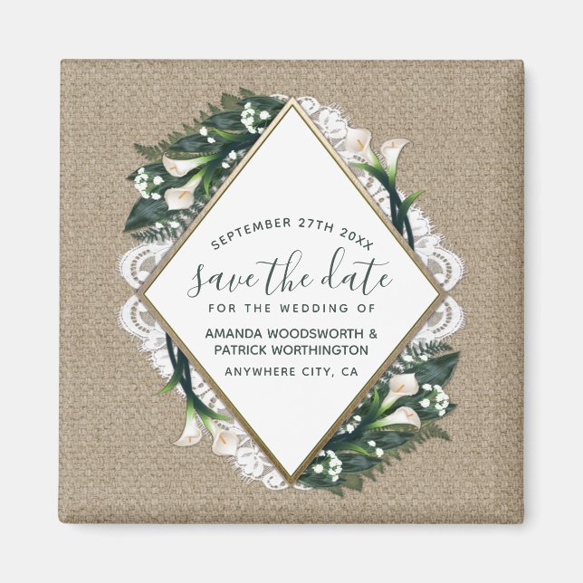 Calla Lily Burlap Wedding Save the Date Magnets (Front)