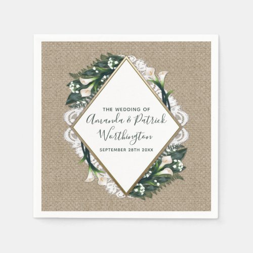 Calla Lily Country Burlap and Lace Wedding Napkins