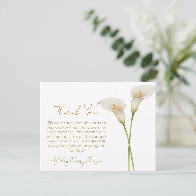 Calla Lily Funeral Thank You Card Bereavement  (Standing Front)